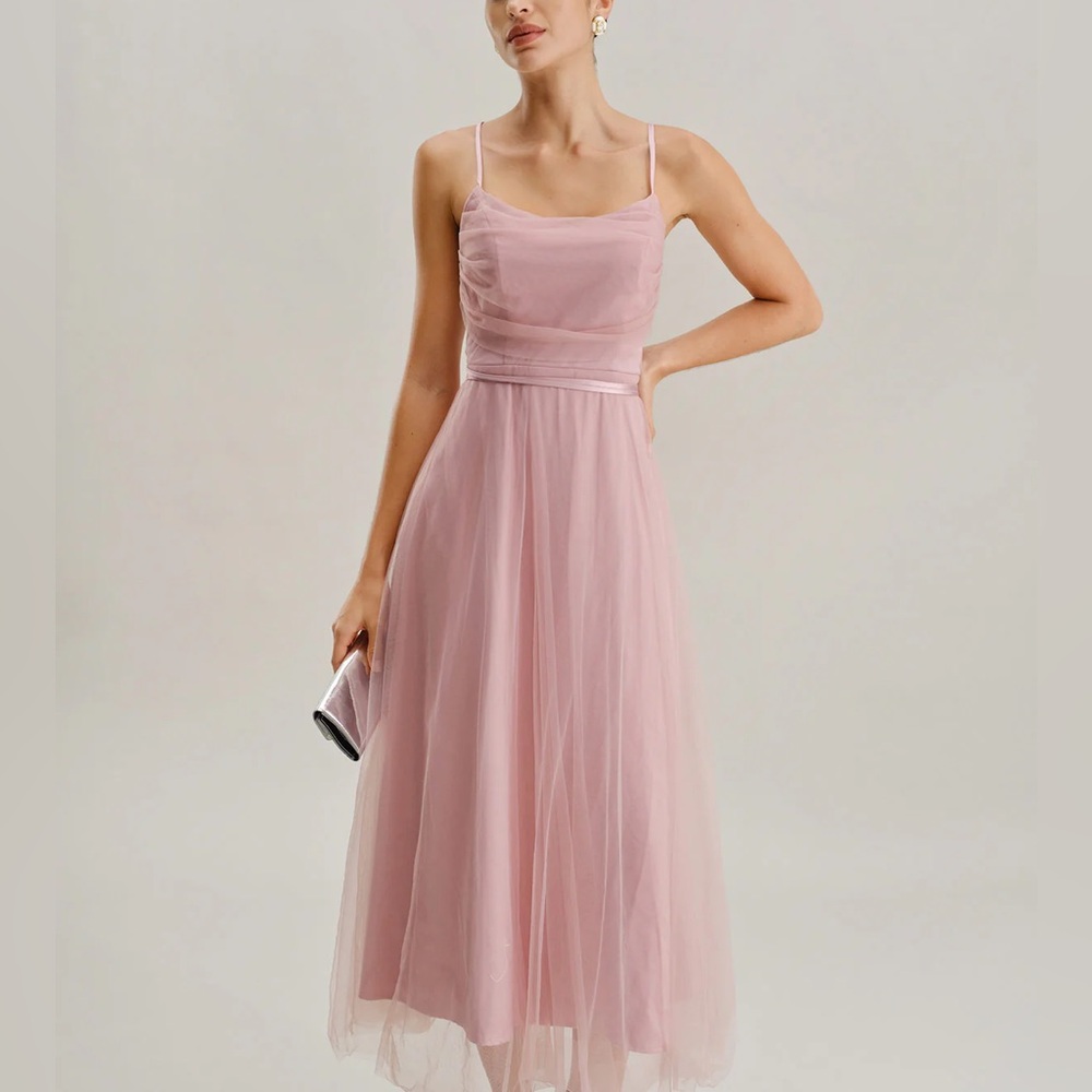 Rihoas Pink Mesh Flowy Slip Midi Dress